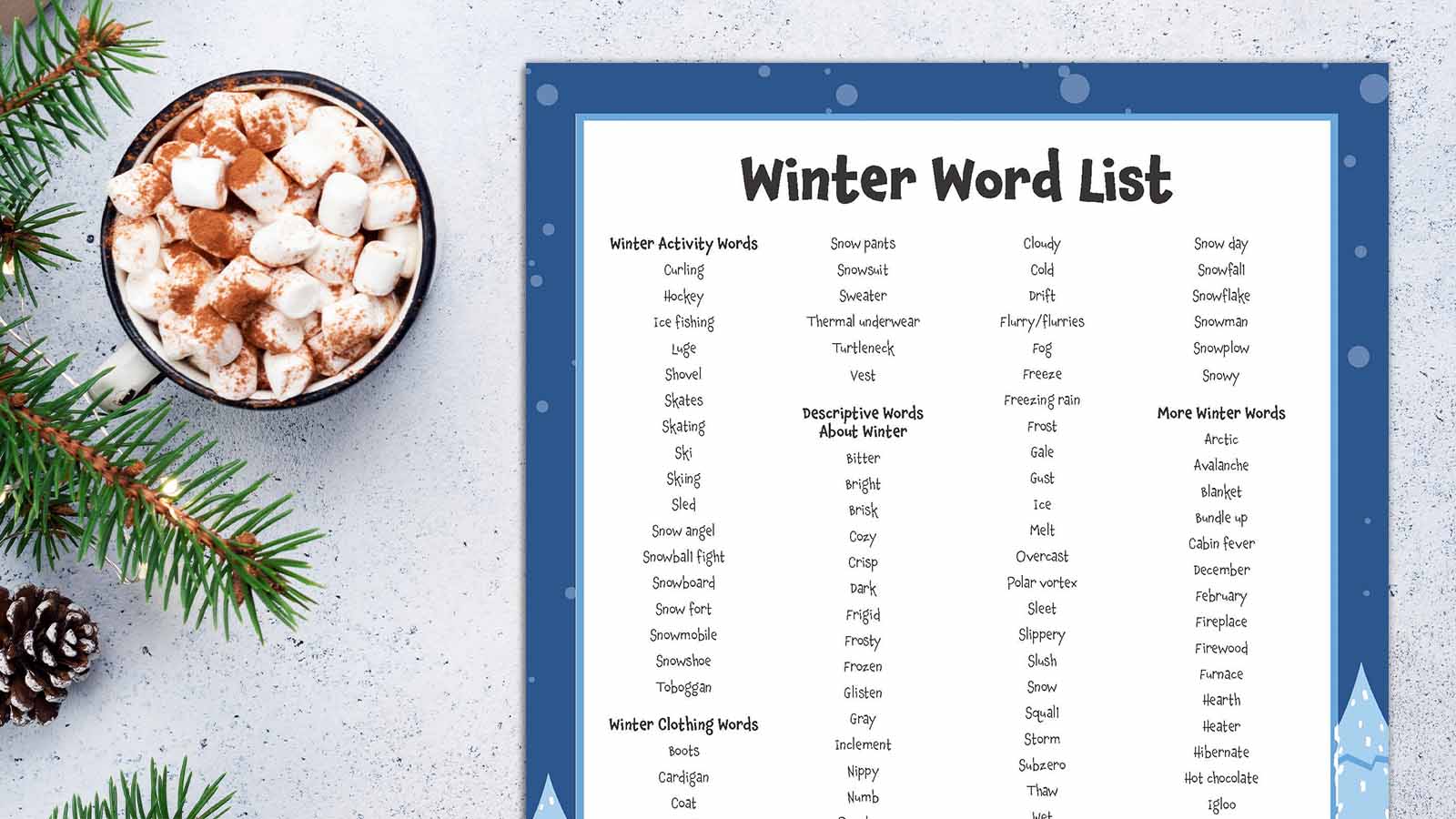 120+ winter words for writing, vocab, and more (free printable!)